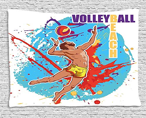 ALKKVI Tapices de pared Beach Tapestry Vector Illustration of a Man Serving an Overhead Ball in Beach Volley Print decoración para el hogar,para dormitorios,salones o como manta para playa 80 W X 60 L