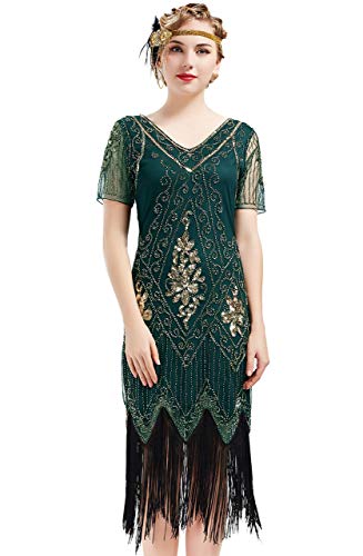 ArtiDeco - Vestido de mujer estilo años 20 con mangas cortas, disfraz de Gatsby para fiestas temáticas verde oscuro XS ArtiDeco - Vestido de mujer estilo años 20 con mangas cortas, disfraz de Gatsby para fiestas temáticas verde oscuro XS
