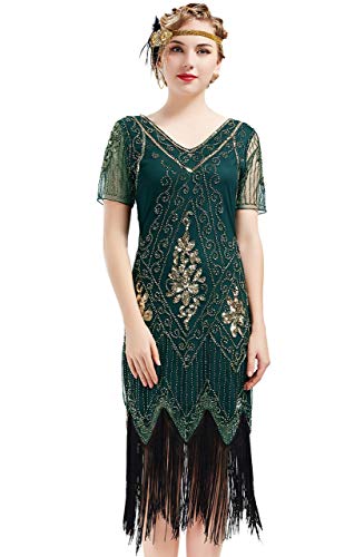 ArtiDeco - Vestido de mujer estilo años 20 con mangas cortas, disfraz de Gatsby para fiestas temáticas verde oscuro XS