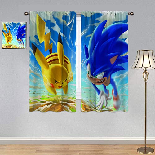 ARYAGO Cortinas opacas con bolsillo para barra de cortinas/cortinas Sonic The Hedgehog, cortinas de ventana Sonic y Pikachu para dormitorio o sala de estar 182 x 153 cm