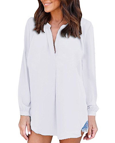 Auxo Mujer Camisa De Vestir con Mangas Largas Cuello En V Color Sólido Blusa Original Básico Y-Blanco S