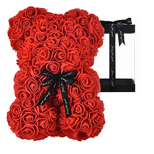 AZXU Oso Rosa - Oso de Peluche Rosa en Cada Oso Rosa - Oso de Flores Aniversario, Oso Rosa, Madres, Oso de Peluche Rosa. - ¡Caja de Regalo Transparente incluida! 10 Pulgadas (Red)