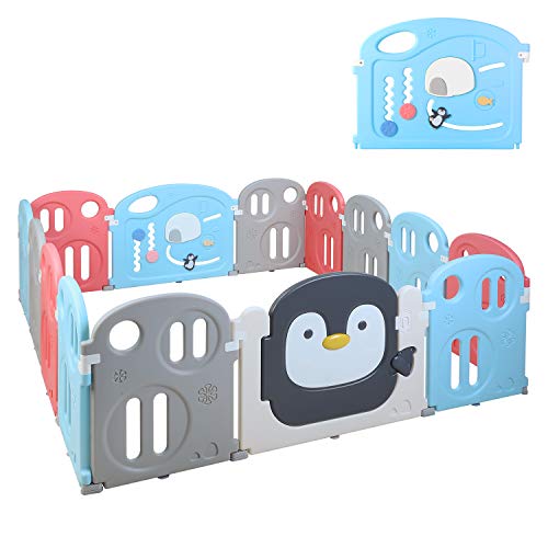 Bamny Parque Infantil Bebe con Puerta de Plástico Extensible, Corralito Bebe Plegable para Niños de 0 a 6 Años (Pingüino, 12 + 2)