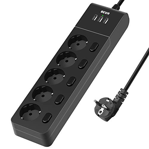 BEVA Regleta Enchufes de 5 Tomas Corrientes y 3 Rápida USB Tomas, Power Strip con Interruptor Independiente y Protección Contra Sobrecarga, 2500W / 10A BEVA Regleta Enchufes de 5 Tomas Corrientes y 3 Rápida USB Tomas, Power Strip con Interruptor Independiente y Protección Contra Sobrecarga, 2500W / 10A