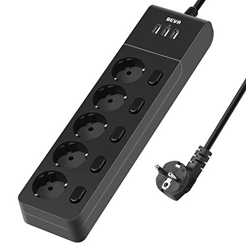 BEVA Regleta Enchufes de 5 Tomas Corrientes y 3 Rápida USB Tomas, Power Strip con Interruptor Independiente y Protección Contra Sobrecarga, 2500W / 10A