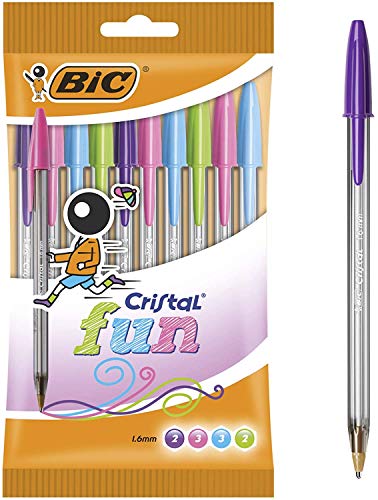 BIC Cristal Fun bolígrafos Punta Ancha (1,6 mm) – colores Surtidos, Blíster de 10 unidades
