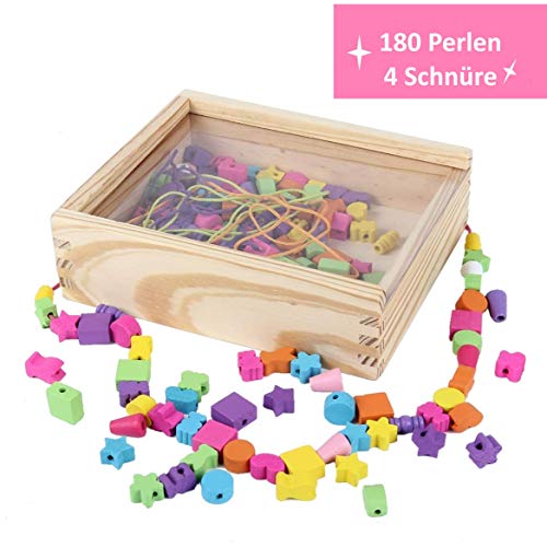 B&JulianEnhebrado de Joyas de Madera con 180 Cuentas 4 Cintas de Colores en Caja de Madera con Tapa fácil de Transportar para niños a Partir de 3 años B&JulianEnhebrado de Joyas de Madera con 180 Cuentas 4 Cintas de Colores en Caja de Madera con Tapa fácil de Transportar para niños a Partir de 3 años