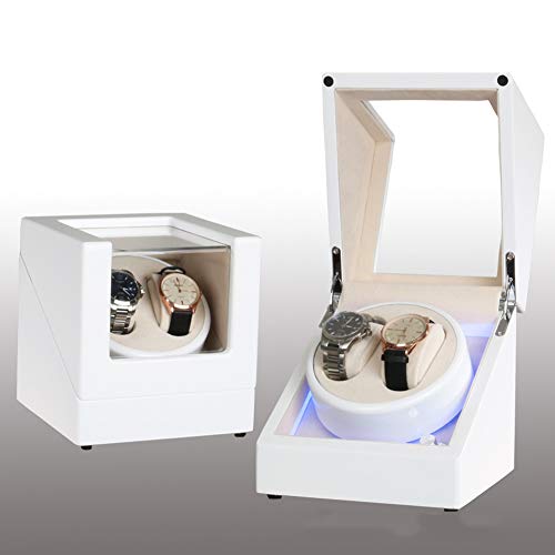 BLLJQ Watch Winder, Caja de Enrollador de Reloj Automático, con Motor Silencioso, Alimentado por Batería o Adaptador de CA, Capacidad para 2 Relojes,Outer White + Inner Rice