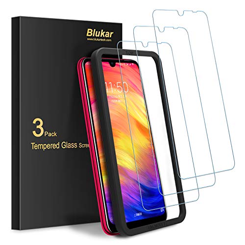 Blukar Protector Pantalla Xiaomi Redmi Note 7/7 Pro, [3 Pack] Vidrio Cristal Templado con Marco de Instalación, 9H Dureza, Alta Sensibilidad, Anti-Arañazos, Anti-Huellas Dactilares, Sin Burbujas