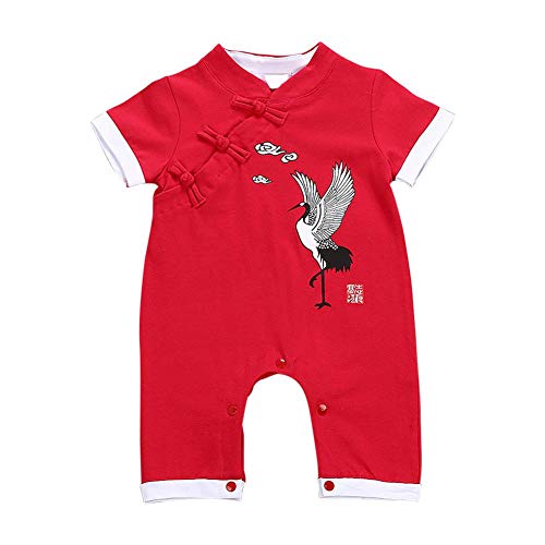 Body para bebé, traje de estilo tradicional chino, mono para bebés y niños, traje de una pieza de grúa auspiciosa de manga corta festiva(Talla roja: 73)