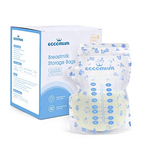 Bolsas de Almacenamiento de Leche Materna de Eccomum, 100 uds, 240ml, Pre-Esterilizadas, sin BPA, con Área de Etiquetado, Conservar y Congelar, Doble Cremallera, Adapta a Todos los Adaptadores Bolsas de Almacenamiento de Leche Materna de Eccomum, 100 uds, 240ml, Pre-Esterilizadas, sin BPA, con Área de Etiquetado, Conservar y Congelar, Doble Cremallera, Adapta a Todos los Adaptadores