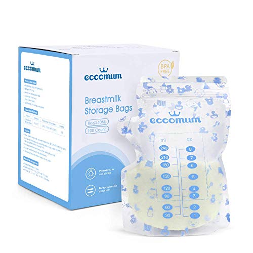 Bolsas de Almacenamiento de Leche Materna de Eccomum, 100 uds, 240ml, Pre-Esterilizadas, sin BPA, con Área de Etiquetado, Conservar y Congelar, Doble Cremallera, Adapta a Todos los Adaptadores