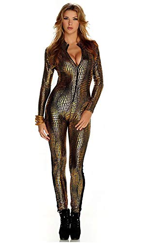 Boowhol Disfraz sexy de gato de piel de serpiente a rayas Club DS lacado, traje ajustado, mono de piel de serpiente Catwoman, disfraz completo de fiesta dorado XL