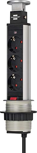 Brennenstuhl Tower Power regleta de enchufes de mesa de 3 tomas de corriente (cable de 2 m, retráctil en la mesa, montable) aluminio
