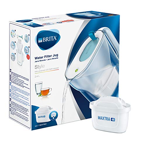 BRITA Style azul - Jarra de Agua Filtrada con 1 cartucho MAXTRA+, Filtro de agua BRITA que reduce la cal y el cloro, Agua filtrada para un sabor óptimo, 2.4L BRITA Style azul - Jarra de Agua Filtrada con 1 cartucho MAXTRA+, Filtro de agua BRITA que reduce la cal y el cloro, Agua filtrada para un sabor óptimo, 2.4L