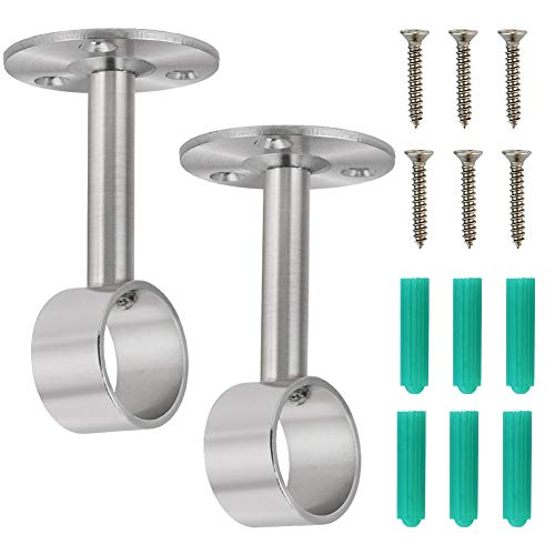 BUZIFU 2pcs Soportes de Barras de Cortina de Acero Inoxidable con Tornillos, Soporte de Barras Ajustables de Pared y Techo, hasta 2,5 cm(Plateado)