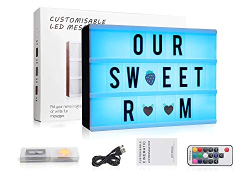 Caja de Luz Cine, A4 LED Cinema Light Letras Box, Cambio de Colore Cinematográfica Box con 120 Letras| Emojis | Símbolos Personaliza tu Propio Mensaje - Control Remoto