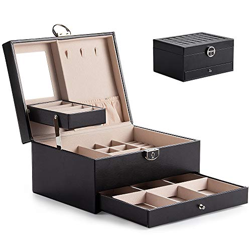 Caja joyero Caja para joyas Caja de Relojes Estuche Rectangular para Guardar Joyas Caja Joyero con Espejo y cerradura, Adecuado para pendientes, anillos, collares, pulseras y relojes (Negro-02)