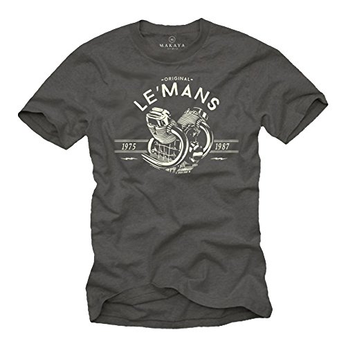 Camiseta Hombre Manga Corta - Le Mans T-Shirt - Vintage Cafe Racer Moto Gris XXL