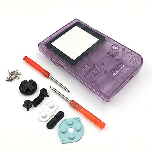 Carcasa completa para Nintendo Gameboy Pocket GBP Game Shell Case con botones y kit de tornillos, color morado transparente