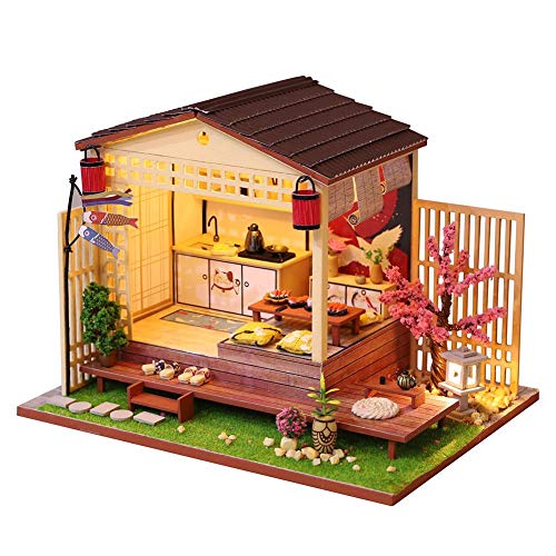 Casa de muñecas en miniatura de bricolaje Equipo Casa japonesa Cherry Blossoms House con cubierta a prueba de polvo, kit de montaje de la casa modelo para niños adultos