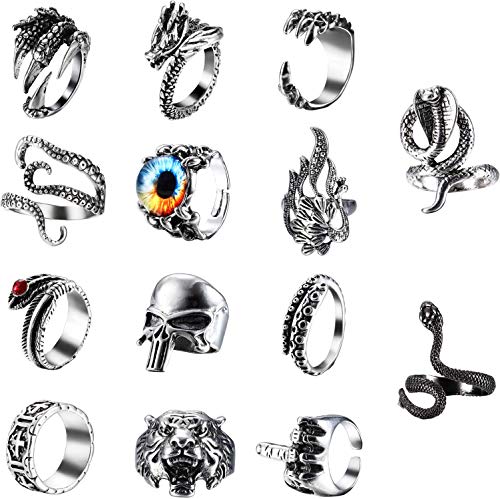 CASSIECA 14 Piezas Anillos de Punk Vintage Anillo Gótico Anillo Dragon Anillo Serpiente Mujer Hombre Anillo Calavera Anillo de Pulpo Punky Anillo de Apertura Anillo Cabeza de Lobo Anillo Dedo Medio