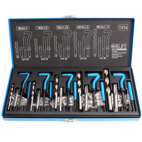 CCLIFE Juego de reparación de roscas 131 piezas M5 M6 M8 M10 M12 kit reparacion roscas helicoidales helicoil kits