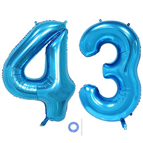 Ceqiny Globo de mylar 40 pulgadas con número 43 globo gigante globo papel aluminio para fiesta de cumpleaños boda despedida soltera compromiso decoración de aniversario, dígitos 43 globo Azul