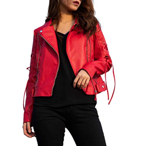 Chaqueta Cuero Mujer Primavera Mujer Corto Cuero Mangas Cuerda Mode De Marca Atada Locomotora Chaqueta Chaqueta Mujer (Color : Rojo, Size : L)