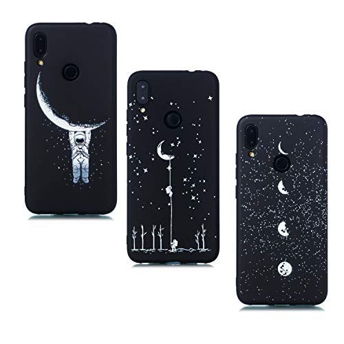 ChoosEU Compatible con 3X Fundas Xiaomi Redmi Note 7 Silicona Negro Dibujos Creativa Carcasas para Chicas Mujer Hombres TPU Case Antigolpes Bumper Cover Caso Protección - Luna,Astronauta
