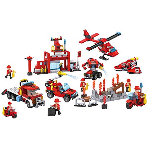 Cogo Juego Bloques de Construcción Pack 8 Paquetes Parque de Bomberos Fire. Incluye Vehículos, Coche, Moto, Camión, Helicóptero, Barco y Robot. Juguete Ideal Niños y Niñas. No Apto Menores de 6 Años.