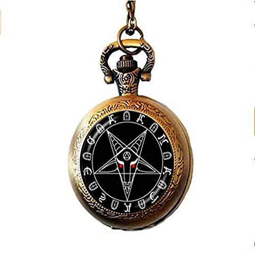 Collar de reloj de bolsillo hecho a mano con cabeza de cabra, joyería de pentagrama invertida, joyería de satanismo