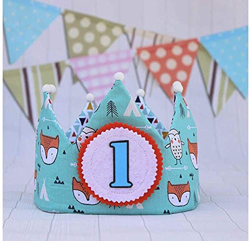 Corona cumpleaños de tela reversible para fiesta infantil, con dibujos de zorros y buhos