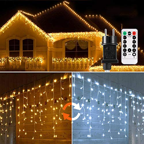 Cortina de Luces, ECOWHO 440 LED Luz de Cortina Blanco Cálido y Blanco Frio, 9M Guirnaldas Luces con Timing, IP44 Cortina LED Exterior para Navidad Fiestas Casa Jardín Habitación Patio Balcón