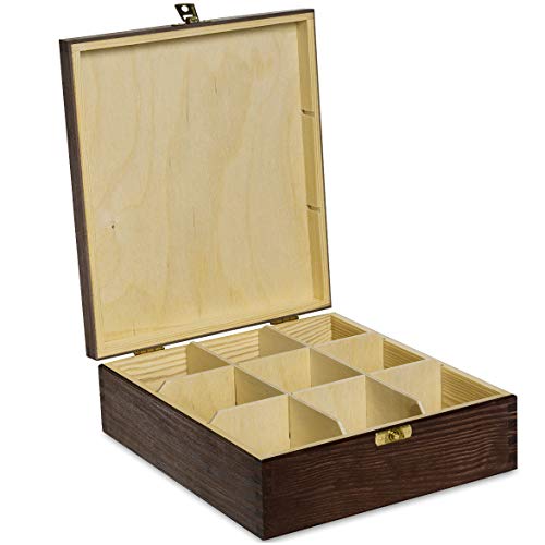 Creative Deco Marrón Caja para Té en Bolsitas Madera | 9 Compartimentos | 23,5 x 20,5 x 7,5 cm | Varias Medidas Disponibles | con Tapa y Cerradura | Ideal para Decoupage, Decoración y Almacenaje