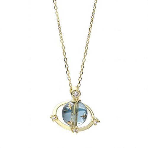 CWHao - necklace Plata de Ley 925 Cuentas de Vidrio Azul Planeta Cósmico Collar Mujer Diamantes Saturno Cadena de Clavícula