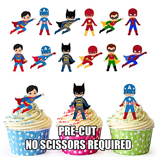 De fiesta PACK - 36 x Super Hero Squad diseño de dibujos de superhéroes Mix comestibles cuadrícula CUP CAKE unidades sobre la mesa figurines