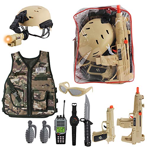 deAO Disfraz de Soldado en Combate Juego Infantil de Imitación Conjunto de Uniforme Militar Incluye Chaleco de Camuflaje, Casco, Accesorios, Armas de Juguete y Mochila para Almacenaje
