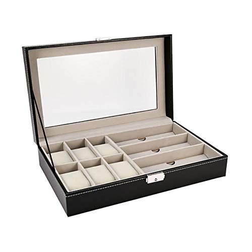 Depory Caja para Relojes con 9 Compartimentos, Buzón Memoria con Tapa de Cristal Negro de Piel sintética