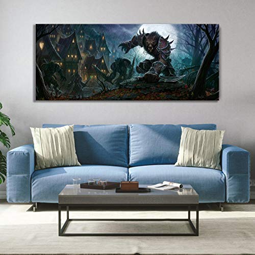 DHLHL Hombre Lobo Warcraft póster de Juego fantasía Arte Lienzo Pintura World of Warcraft Cataclysm Videojuegos Arte decoración de Pared Pintura 60x140cm sin Marco