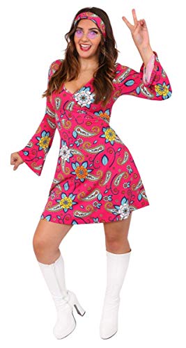 DISFRACES DE LOS AÑOS 60 PARA MUJERES. DISFRACES DE LOS 70 PARA MUJERES. VESTIDO RETRO GOGO. DISFRAZ DE HIPPY. VESTIDO HIPPIE FLOWER POWER + CINTILLO HIPPY + GAFAS REDONDAS ROSA (GRANDE)