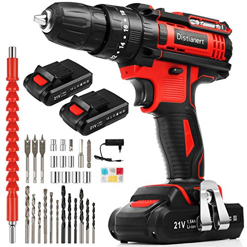 Distianert Taladro Atornillador 21V, Destornillador Electrico con 2 Baterías, 80 Pcs Accesorios, 35 Nm Par, 2 Velocidad, 18+3 con Selección de Marcha, 10mm Portabrocas Automatico, Hormigón, Bricolaje Distianert Taladro Atornillador 21V, Destornillador Electrico con 2 Baterías, 80 Pcs Accesorios, 35 Nm Par, 2 Velocidad, 18+3 con Selección de Marcha, 10mm Portabrocas Automatico, Hormigón, Bricolaje
