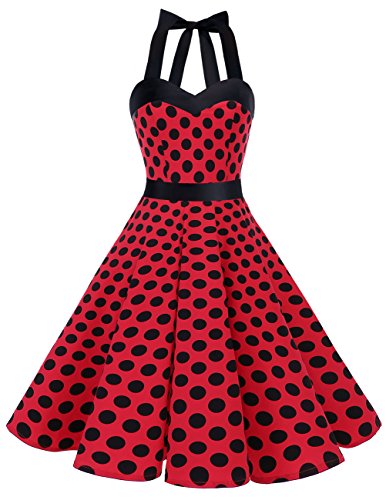 DRESSTELLS Halter 50s Rockabilly Polka Dots Dots Dress Petticoat Pleated Skirt Red Black Dot XS
