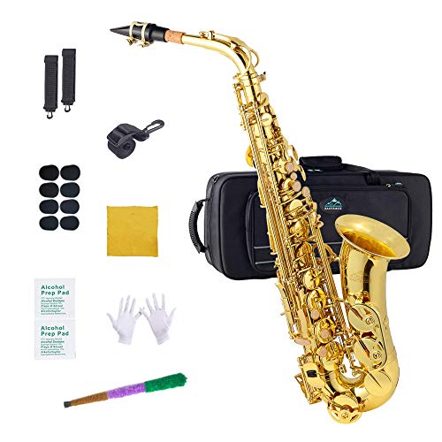 Eastrock Alto Saxofón Eb E-Flat - Instrumento de viento lacado dorado para estudiantes y principiantes, incluye caja y tapete, herramientas de limpieza, paño de alcohol, color dorado