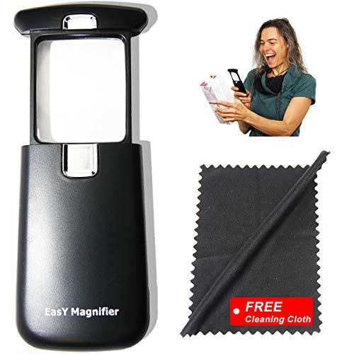 EasY Magnifier- Lupa de 3x con luz LED clara; Lupa pequeña de luz con lente de vidrio acrílico rectangular, lupa iluminada para leer textos pequeños, lupa de mano, regalo ideal como ayuda visual