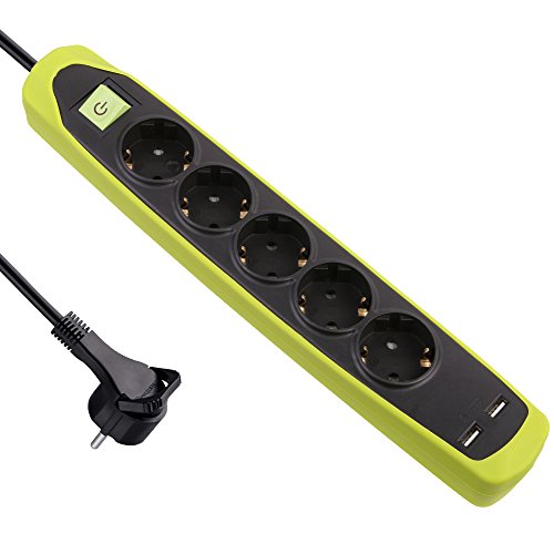 Electraline Gummy 62158 Regleta Base 5 Enchufes y 2 USB 2.1A - Cover de silicona - cable 2 m clavija plana Electraline Gummy 62158 Regleta Base 5 Enchufes y 2 USB 2.1A - Cover de silicona - cable 2 m clavija plana