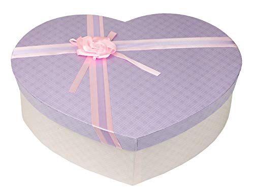 Emartbuy Lujo Rígido Caja de Regalo de Presentación en Forma de Corazón, 40.3 cm x 32.5 cm x 12 cm, Caja Rosa Bebé Con Tapa Lila, Interior Rosa y Cinta de Lazo a Rayas