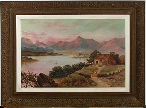 Enmarcado, aceite de mediados del siglo XX – Puesta de sol rosa sobre las montañas