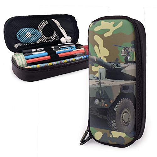 Estuche para lápices de cuero PU con tanque de patrón de camuflaje verde, organizadores de papelería para estudiantes duraderos con cremallera doble 1.5in X 3.5 X 8 in