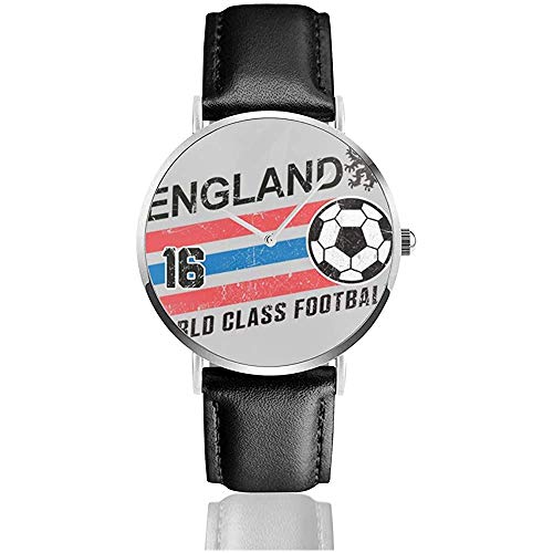 Euro 2016 Football England Ball Relojes Grises Reloj de Cuero de Cuarzo con Correa de Cuero Negra para Regalo de colección